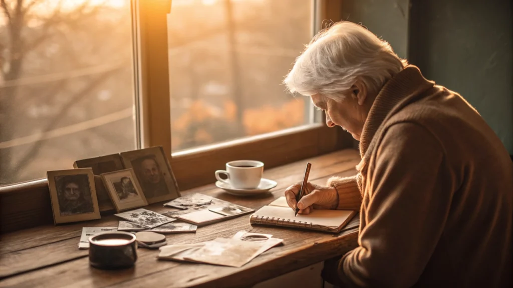 Persona mayor escribiendo sus recuerdos junto a fotografías familiares